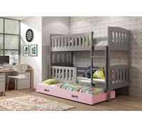 Lit superposé enfant avec lit d'appoint et matelas 80x190 BRIGID - graphite / rose