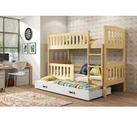 Lit superposé enfant avec lit d'appoint et matelas 80x190 BRIGID - pin / blanc