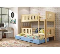 Lit superposé enfant avec lit d'appoint et matelas 80x190 BRIGID - pin / bleu