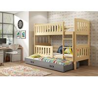Lit superposé enfant avec lit d'appoint et matelas 80x190 BRIGID - pin / graphite