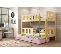 Lit superposé enfant avec lit d'appoint et matelas 80x190 BRIGID - pin / rose