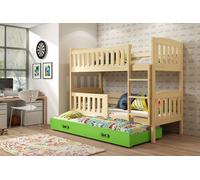 Lit superposé enfant avec lit d'appoint et matelas 80x190 BRIGID - pin / vert