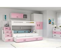 Lit superposé enfant avec lit d'appoint et matelas 80x200 IDA 3 - blanc / rose