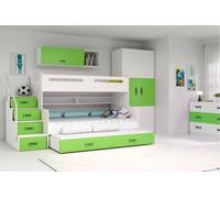Lit superposé enfant avec lit d'appoint et matelas 80x200 IDA 3 - blanc / vert