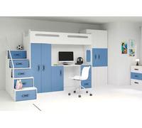 Lit superposé enfant avec rangement et matelas 80x200 IDA 4 - blanc / bleu
