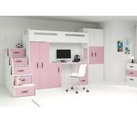 Lit superposé enfant avec rangement et matelas 80x200 IDA 4 - blanc / rose