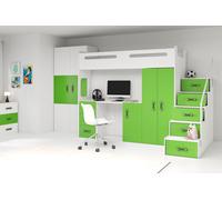 Lit superposé enfant avec rangement et matelas 80x200 IDA 4 - blanc / vert
