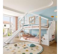 Lit Superposé Enfant avec Toboggan Intégré, 90 x 200 cm | Bois massif, blanc et bois naturel, silhouette cabane, escalier avec rangements et 2 couchages superposés