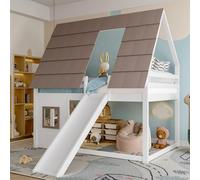 Lit superposé enfant cabane 140 x 200 cm,lit mezzanine enfant avec toit,lit cabane avec toboggan,échelle,barrière de sécurité,pin et MDF,blanc et marron,sommier à lattes,deux couchages superposés