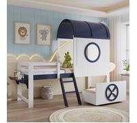 Lit superposé enfant cabane blanc bleu foncé 90x200cm avec tiroir et échelle en bois de pin massif