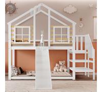 Lit superposé enfant cabane bois massif blanc (90x200 cm), escalier+rampe, toboggan+fenêtre, rondins, protection antichute