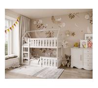 Lit superposé enfant Cabane Mini 80 x 160 cm - Bois massif - Barrière de sécurité incluse - Blanc