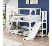 Lit superposé enfant, lit double, lit enfant multifonctionnel avec étagères, avec toboggan, sans matelas, blanc, 90x200 cm