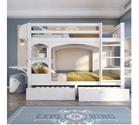 Lit Superposé Enfant - MERAX - 90x200 cm - Bois Massif - Bureau Pliant - 2 Tiroirs - Blanc blanc LITS SUPERPOSES