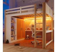 Lit superposé Flieks 140 x 200 cm avec armoire et étagères ouvertes, lit mezzanine avec sommier à lattes et échelle, lit double pour enfant avec sommier à lattes, finition naturelle