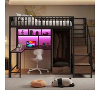 Lit superposé Flieks 140 x 200 cm avec armoire, lit enfant double avec escalier en cuir et espace de rangement, lit mezzanine avec bureau et fonction de rangement, noir