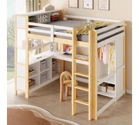 Lit superposé Flieks 140 x 200 cm avec bureau et étagère, lit mezzanine pour enfant avec armoire, lit double superposé, naturel