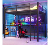 Lit superposé Flieks 140 x 200 cm avec bureau et fonction de rangement, lit mezzanine double avec échelle, lit enfant/adolescent avec LED et panneau perforé, noir