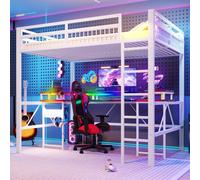 Lit superposé Flieks 140 x 200 cm avec bureau et fonction de rangement, lit mezzanine double avec échelle, lit enfant/ado avec LED et panneau perforé, blanc