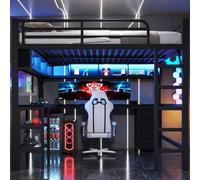 Lit superposé Flieks 140 x 200 cm avec bureau et port USB, lit mezzanine avec éclairage LED et bibliothèque, lit double en métal pour adolescents, idéal pour le gaming, noir