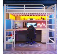 Lit superposé Flieks 140 x 200 cm avec bureau et port USB, lit mezzanine avec éclairage LED et bibliothèque, lit métallique pour adolescent, lit double pour gamers, blanc