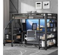Lit superposé Flieks 140 x 200 cm avec bureau et port USB, lit mezzanine pour adolescent avec tringle à vêtements et LED, lit double pour enfant avec étagère, métal noir