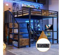 Lit superposé Flieks 140 x 200 cm avec bureau et prise électrique, lit mezzanine avec escalier et barre d'appui, lit pour enfants et adolescents avec barrière de sécurité, noir