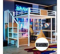 Lit superposé Flieks 140 x 200 cm avec bureau et prise électrique, lit mezzanine avec escalier et barre d'appui, lit pour enfants et adolescents avec barrière de sécurité, blanc