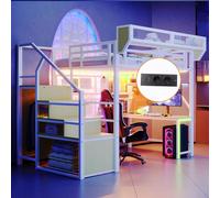 Lit superposé Flieks 140 x 200 cm avec bureau et rangements, lit enfant/ado avec LED et fonction de rangement, lit double mezzanine avec tringle à vêtements, blanc