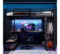 Lit superposé Flieks 140 x 200 cm avec bureau et rangements, lit mezzanine avec penderie, lit enfant/adolescent avec LED et sommier à lattes, noir