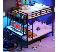 Lit superposé Flieks 140 x 200 cm avec bureau et rangements, lit mezzanine double avec LED et USB, lit enfant en métal avec sommier à lattes, noir