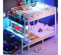 Lit superposé Flieks 140 x 200 cm avec bureau et rangements, lit mezzanine double avec LED et USB, lit enfant en métal avec sommier à lattes, blanc