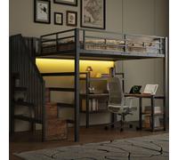 Lit superposé Flieks 140 x 200 cm avec bureau et tiroir, lit pour adolescent ou enfant avec LED et escalier, lit mezzanine en métal avec sommier à lattes, noir