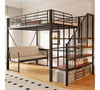 Lit superposé Flieks 140 x 200 cm avec canapé rembourré, lit mezzanine en métal avec escalier intégrant un espace de rangement, lit superposé double avec barrière de sécurité et sommier à lattes, noir