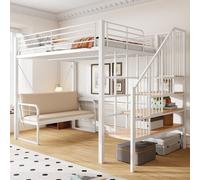Lit superposé Flieks 140 x 200 cm avec canapé rembourré, lit mezzanine en métal avec escalier intégrant un espace de rangement, lit superposé double avec barrière de sécurité et sommier à lattes, blan
