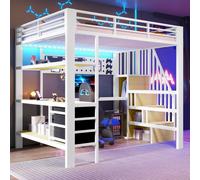 Lit superposé Flieks 140 x 200 cm avec éclairage LED, lit mezzanine pour adolescent avec bureau et panneau perforé, lit mezzanine pour enfant avec prises électriques et espace de rangement, blanc