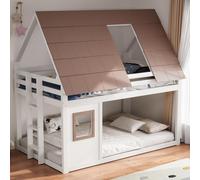 Lit superposé Flieks 140 x 200 cm avec fenêtre et toit, lit enfant en forme de maison avec barrière de sécurité, lit mezzanine avec sommier à lattes, lit ludique blanc et marron