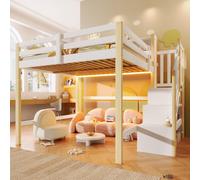 Lit superposé Flieks 140 x 200 cm avec LED, lit d'enfant avec barrière de sécurité et escalier, lit mezzanine en bois avec sommier à lattes, aspect naturel