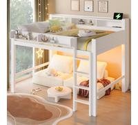 Lit superposé Flieks 140 x 200 cm avec LED, lit d'enfant avec rangements, lit mezzanine pour adolescent avec tiroirs, lit double en bois avec sommier à lattes, blanc