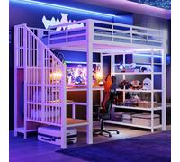 Lit superposé Flieks 140 x 200 cm avec LED, lit mezzanine avec bureau et tiroir, lit pour enfant/adolescent avec étagère et tringle à vêtements, lit en métal blanc