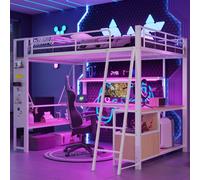 Lit superposé Flieks 140 x 200 cm avec LED, lit mezzanine double avec bureau et fonction de rangement, lit enfant en métal avec rangements, lit adolescent noir