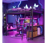 Lit superposé Flieks 140 x 200 cm avec LED, lit mezzanine double avec bureau et fonction de rangement, lit enfant en métal avec rangements, lit adolescent noir