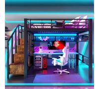 Lit superposé Flieks 140 x 200 cm avec LED, lit mezzanine double avec escalier et rangement, lit pour enfants et adolescents avec barrière de sécurité et barreaux métalliques, noir