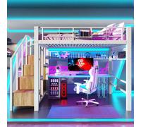 Lit superposé Flieks 140 x 200 cm avec LED, lit mezzanine double avec escalier et rangement, lit pour enfants et adolescents avec barrière de sécurité et barreaux métalliques, blanc