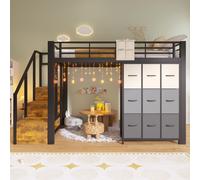 Lit superposé Flieks 140 x 200 cm avec tiroirs, lit mezzanine en métal avec tringle à vêtements et étagères, lit double pour enfant avec barrière de sécurité, noir