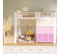 Lit superposé Flieks 140 x 200 cm avec tiroirs, lit mezzanine en métal avec tringle à vêtements et étagères, lit double pour enfant avec barrière de sécurité, blanc