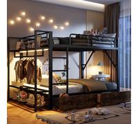 Lit superposé Flieks 140 x 200 cm avec tringle à vêtements et 2 tiroirs, lit mezzanine avec LED, lit double pour enfant en métal avec barrière de sécurité, noir