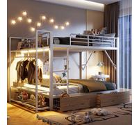 Lit superposé Flieks 140 x 200 cm avec tringle à vêtements et 2 tiroirs, lit mezzanine avec LED, lit double pour enfant en métal avec barrière de sécurité, blanc