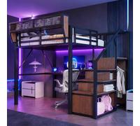 Lit superposé Flieks 140x200 cm avec bureau et espace de rangement, lit en hauteur avec échelle et barrière de sécurité, lit pour enfant avec penderie et étagère, couleur noire