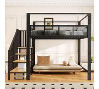 Lit superposé Flieks 140x200 cm avec escalier et étagères, lit superposé avec barrière de sécurité en filet, lit pour enfant en métal avec sommier à lattes, couleur noire